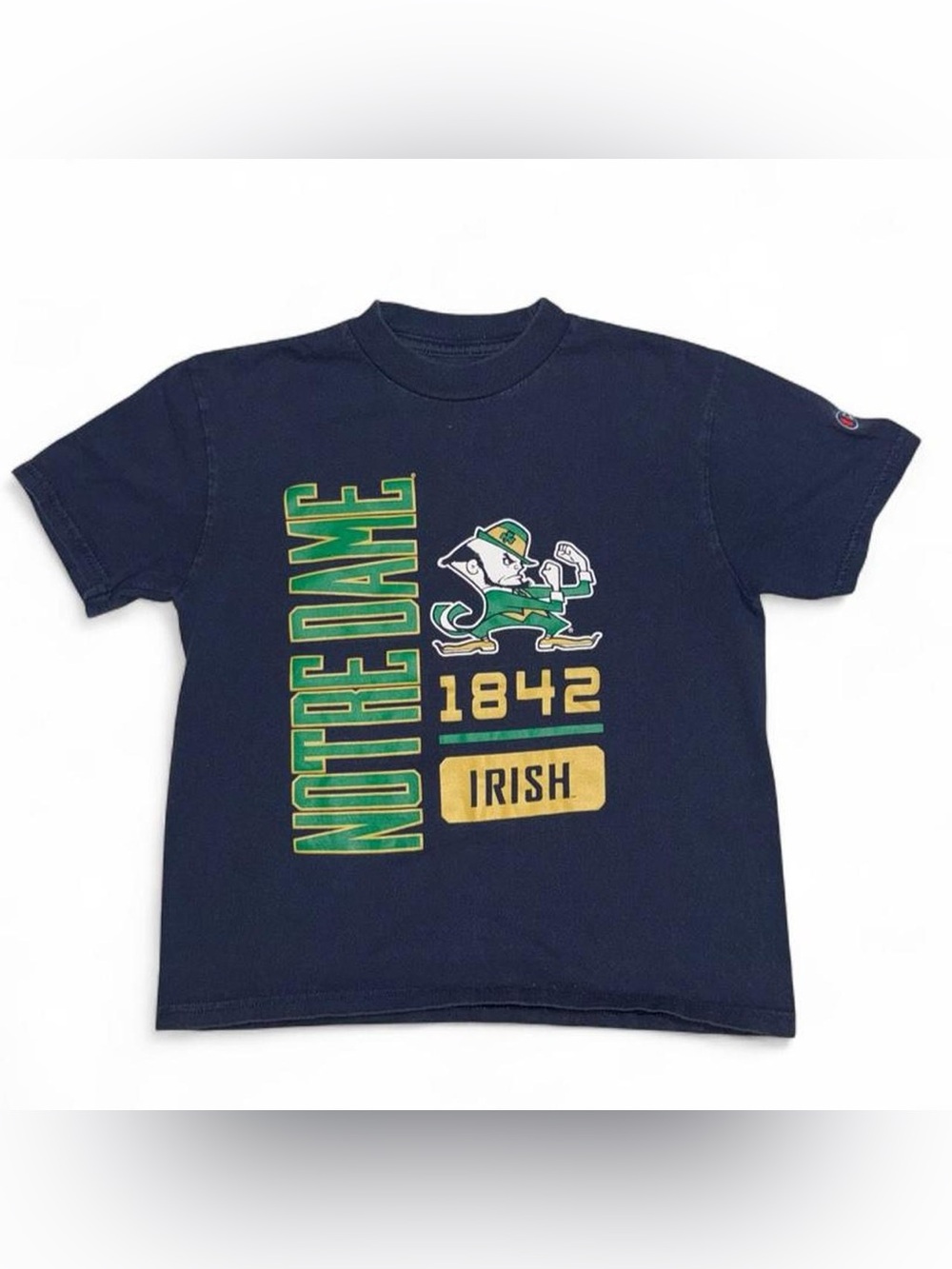 Champion Navy Blue Notre Dame Graphic Tee with Green & Gold Accents